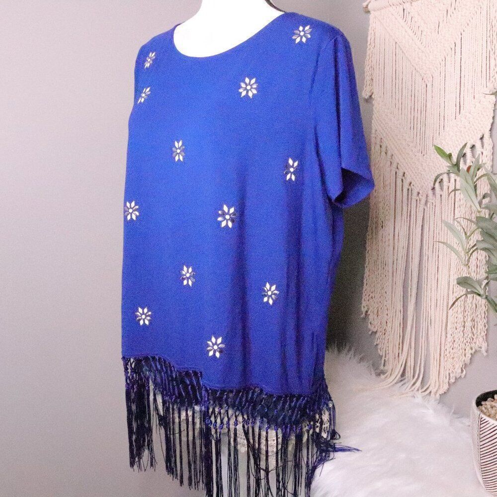Ruby Rd. | Short Sleeve Top Floral Fringe Large